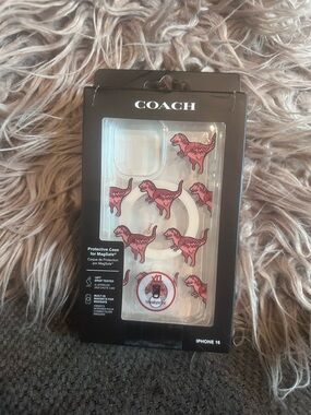 COACH Clear MagSafe iPhone 16 Case with Pink Dinosaur Print